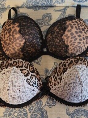 2 Pk Victoria's Secret Leopard Lacey Push-Up Bras — 1 Strapless 1 w/ Straps -36B